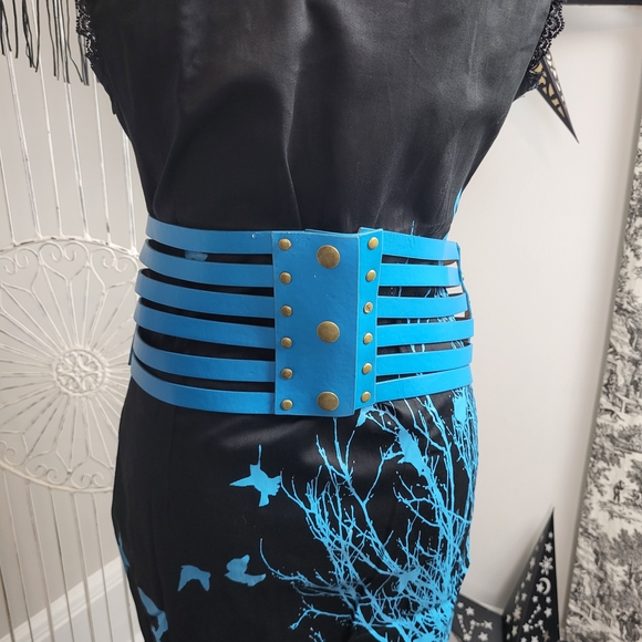 NWT Crow And Tree Black And Blue Pencil Dress Cage Buckle Belt Goth Deadstock - Picture 5 of 6